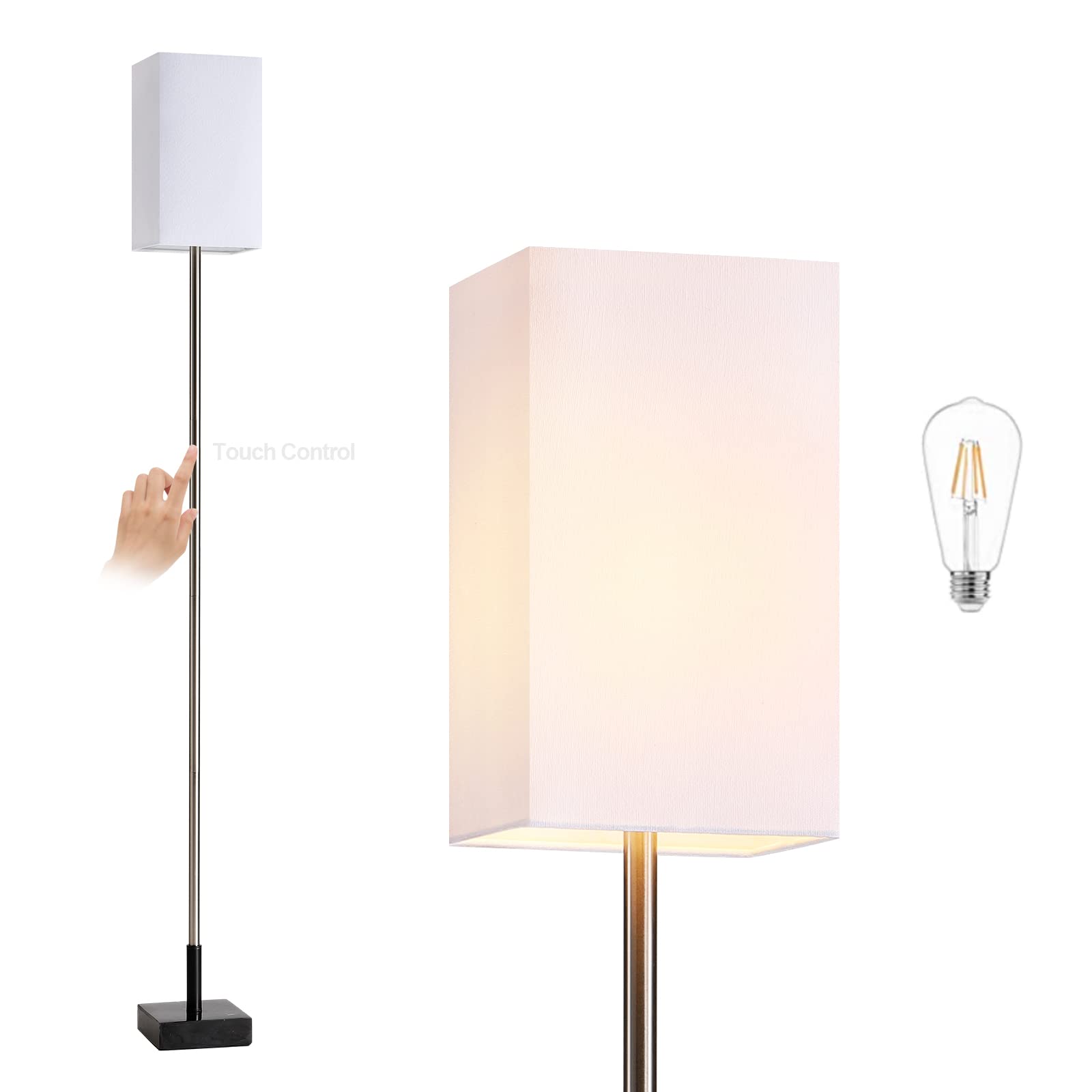 Figdifor Floor Lamp, 3-Way Touch Control Dimmable Standing Lamp With Sturdy Marble Base, Brushed Nickel Touch Floor Lamp Tall La