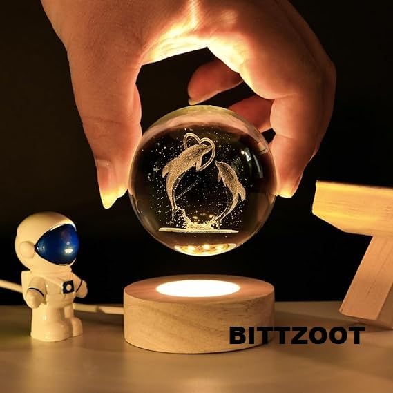 BITTZOOT 3D Galaxy Crystal Ball Night Lamp,Solar System Dolphin Crystal Ball Night Light, USB Table Colorful LED Wooden Crystal