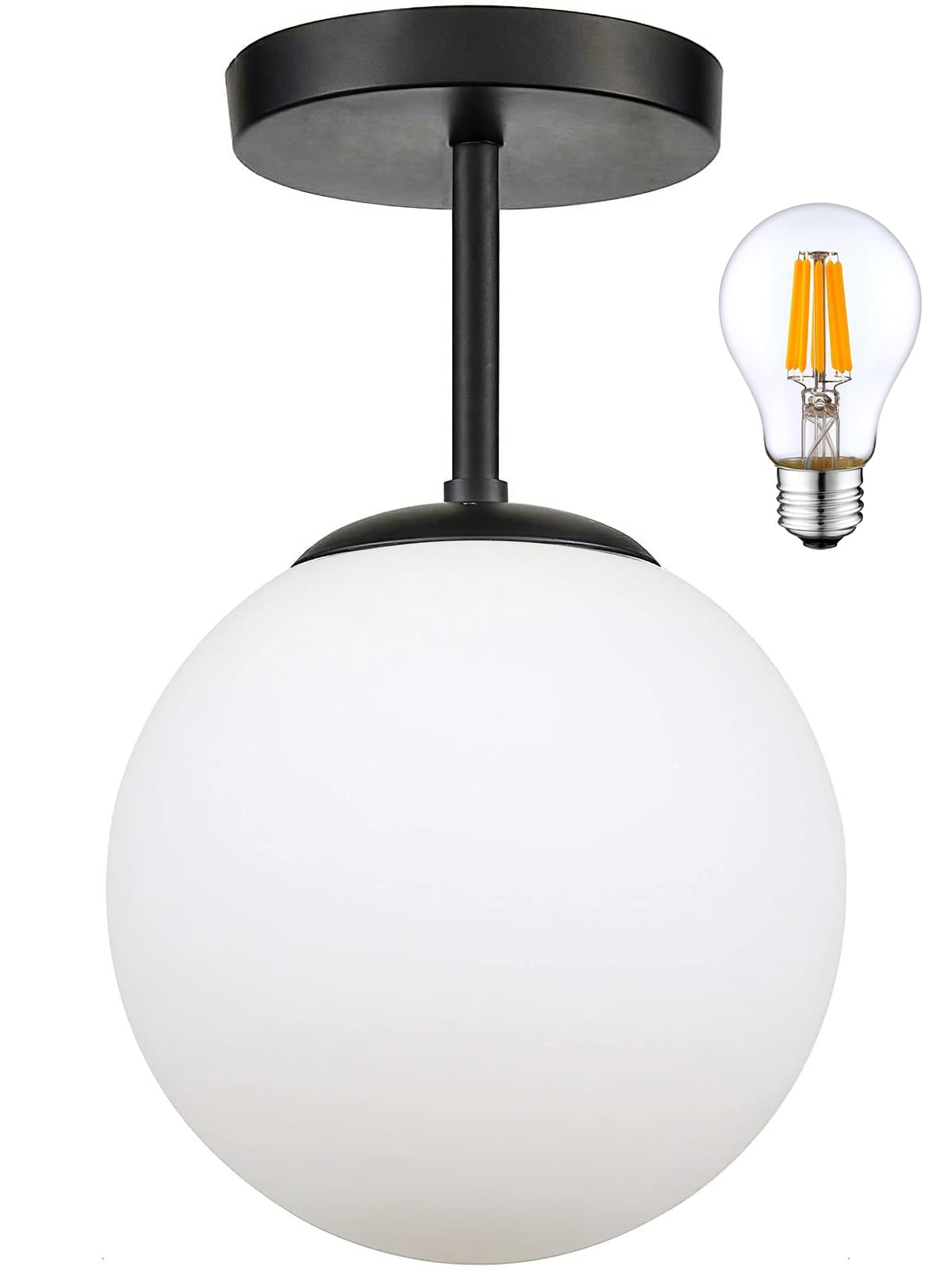 Globe Semi Flush Mount Ceiling Light, Mid Century Modern Light Fixture Ceiling, Milk Glass with Matte Black Finish, Living Room 