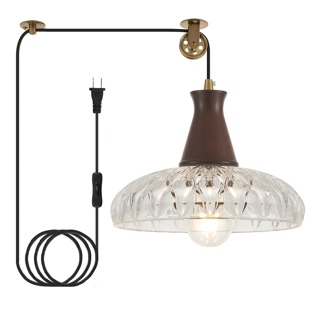 YLONG-ZS Hanging Lamp Plug in Hanging Lights with Plug in Cord Glass Modern Pulley Walnut Color Wood Plug in Pendant Lights Vintage for Kitchen Island Living Room Bedroom Dining Room Corner