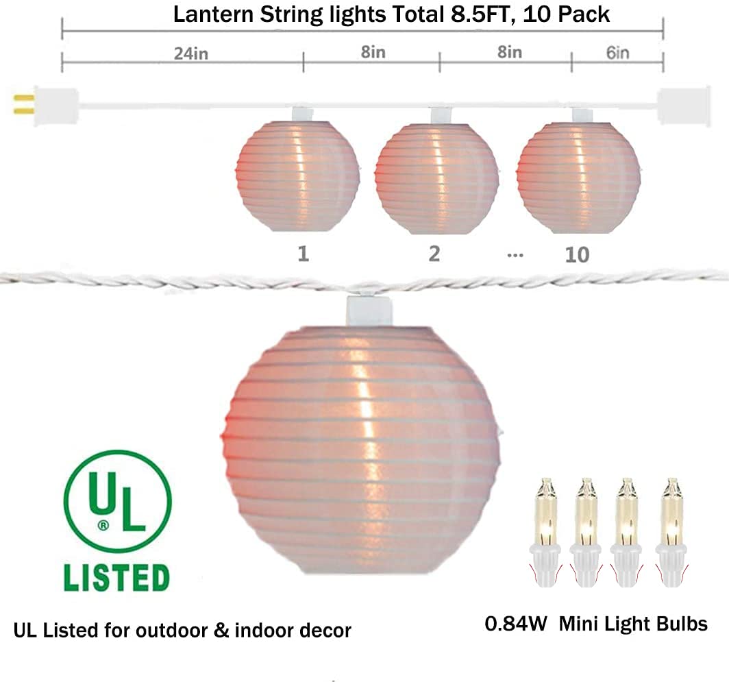White Lantern String Lights Plug In, 8.5Ft Hanging Indoor Decorative String Lights With 10 Cute White Nylon Lanterns Lights Connectable For Indoor Outdoor Bedroom Ramadan Backyard Patio Bistro Decor