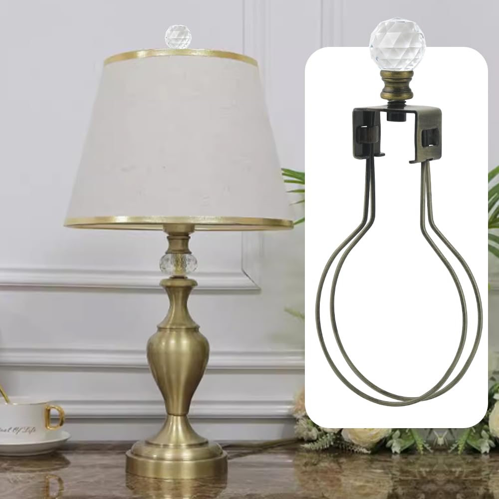 Asjeumt 2Pcs Lamp Shade Light Bulb Clip Adapter Kit, Bronze Lampshade Holder Adapter With Crystals Top Finial, No Harp Required,
