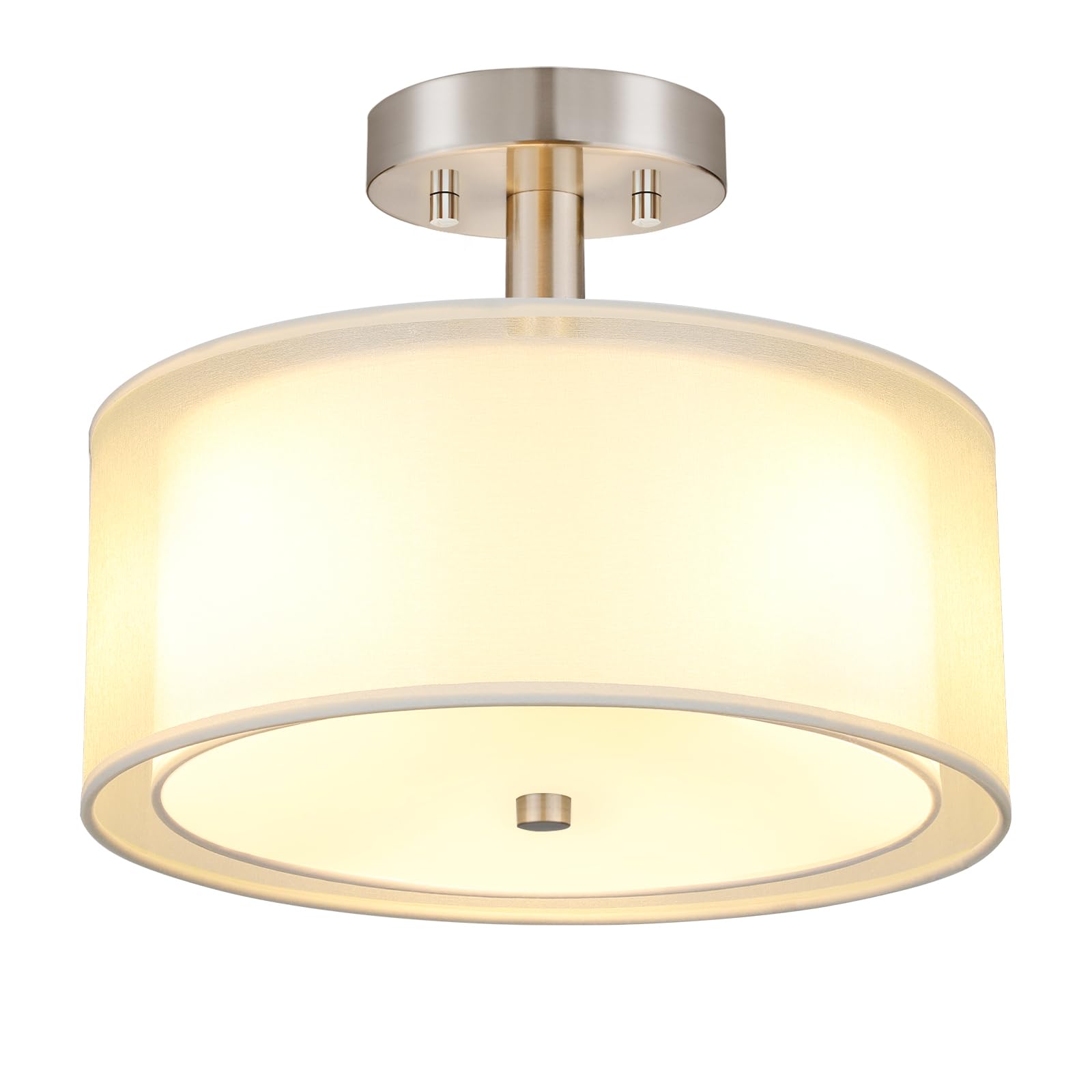 Folksmate Semi Flush Mount Ceiling Light Fixture, Gold 3-Light Drum Light With Double Fabric Shade, Modern Close To Ceiling Lamp