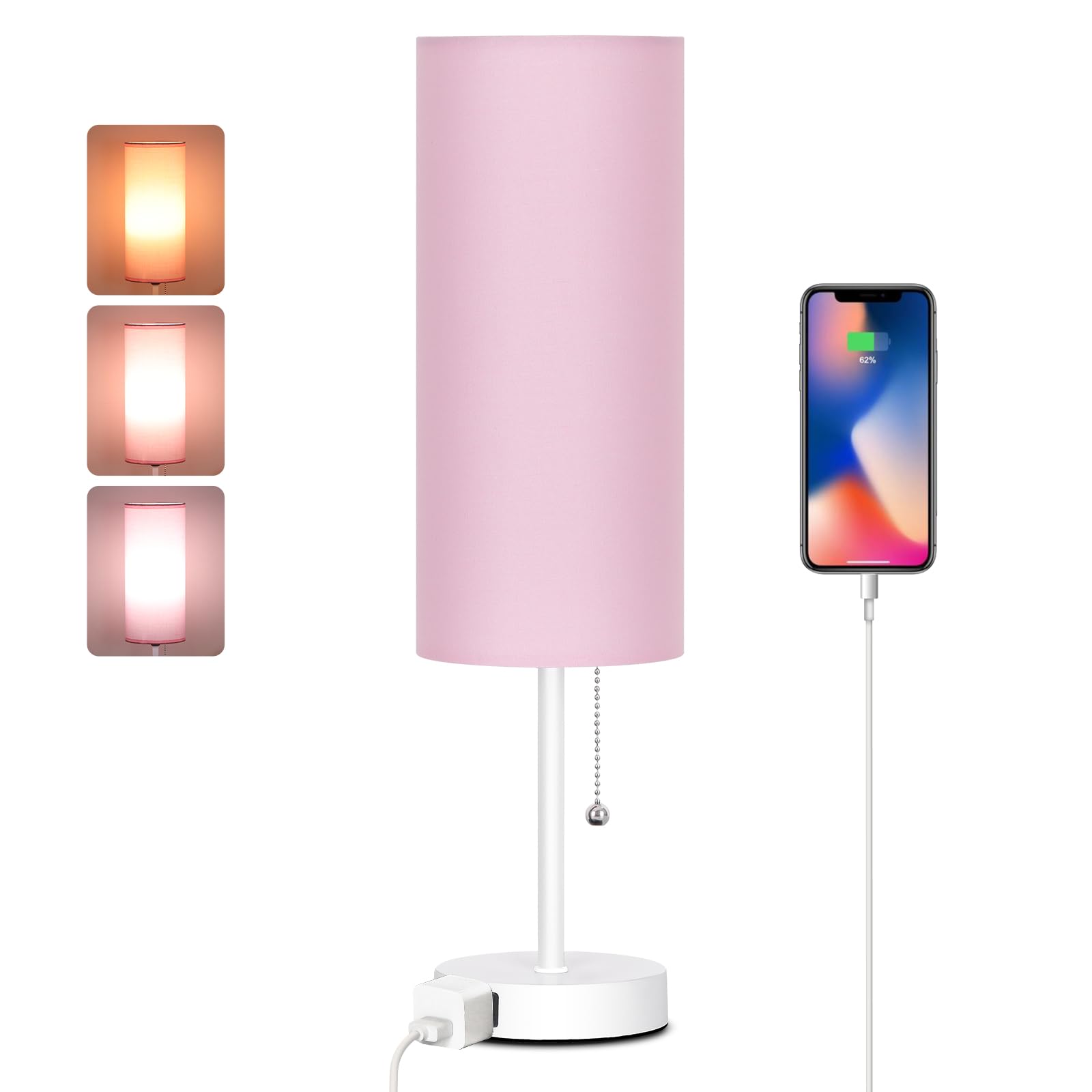 Dott Arts 18in Table Lamp, Pink-White, Plastic, 3-Color, Pull Chain, Model RD-PTL6W-004, Bulb Included for Bedroom or Living Room