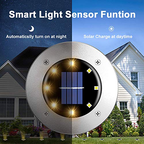 Aogist Solar Ground Lights, 8 LED Garden Disk Lights, Stainless Steel, Warm White, 8 Pack, Model 43397-23877