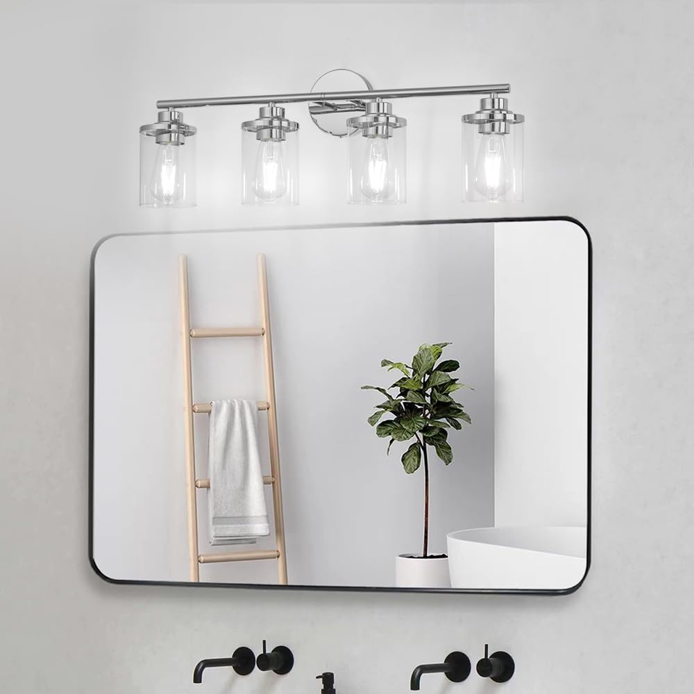 Porphyions Bathroom Light Fixtures,Vanity Lights Chrome Bathroom Lights Over Mirror,Chrome Vanity Light For Bathroom, 31''Chrome 4-Light Modern Bathroom Sconce