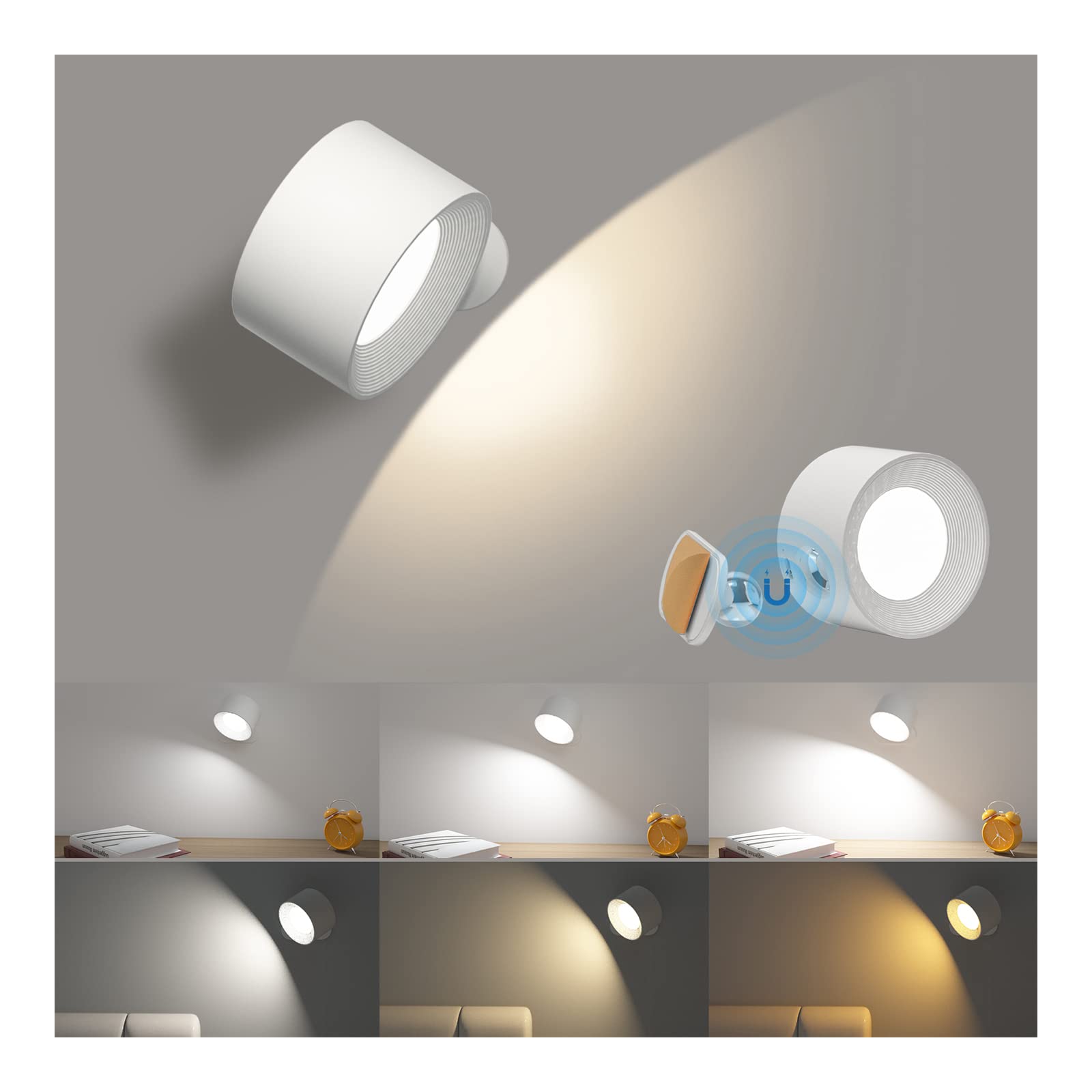 AKSDA LED Wall Light, 360° Adjustable, Touch Control, 3 Color Modes, Battery Operated, White, Model DS126PRO-BS-W