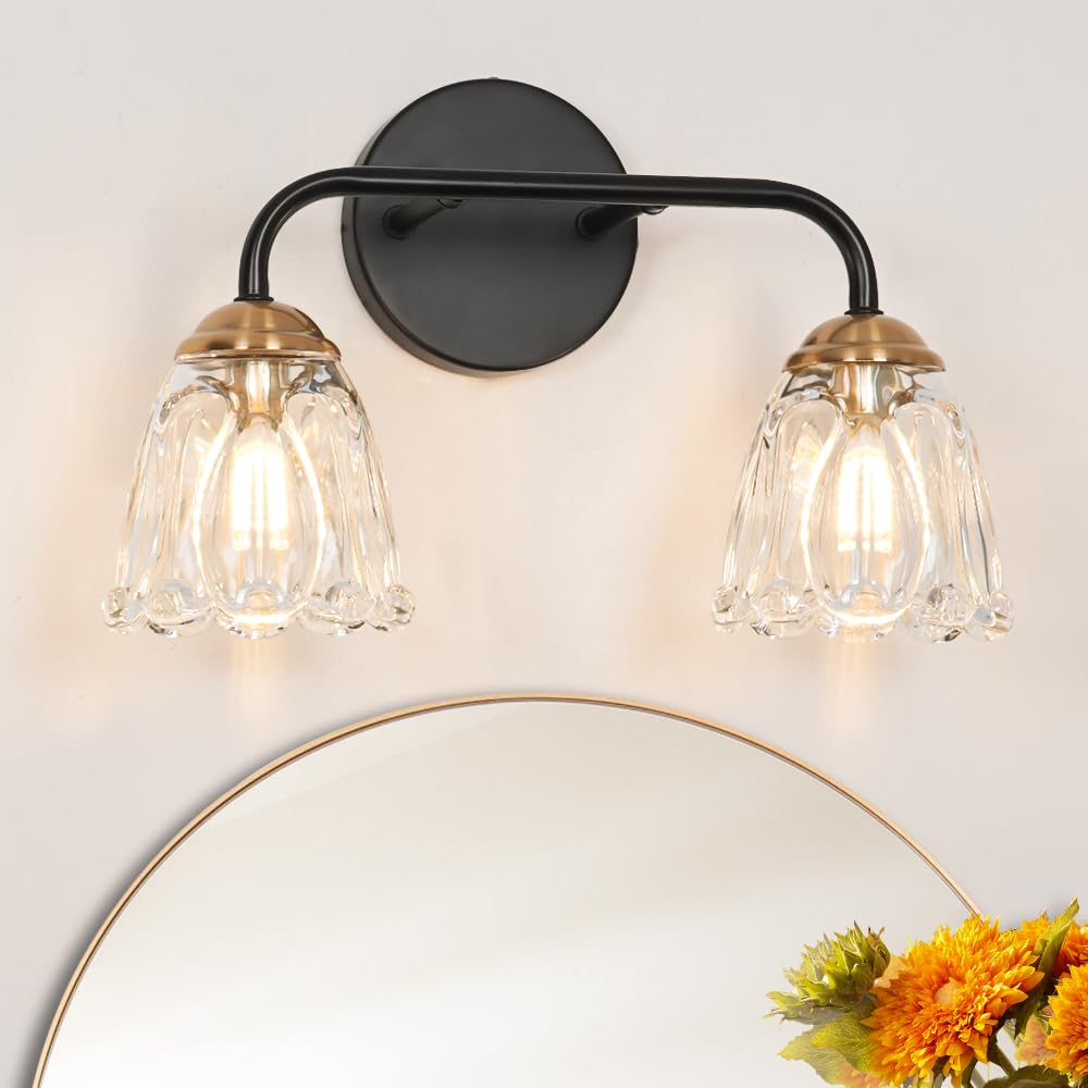Antique 2 Light Bathroom Light Fixtures, Black And Gold Vanity Lights For Bathroom, Vanity Light Fixture With Clear Glass, Vintage Bathroom Lights Over Mirror, Wall Sconce For Bedroom, Living Room