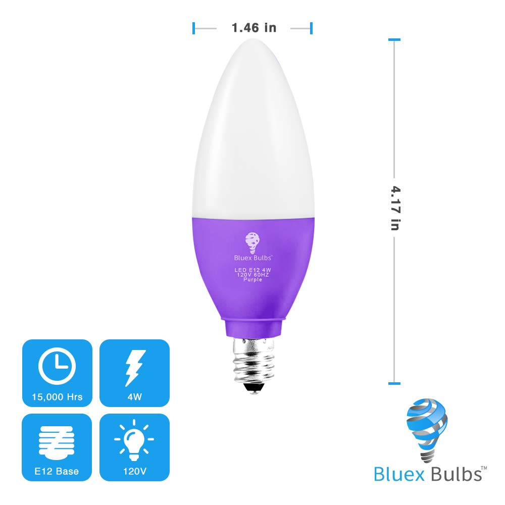 2 Pack Bluex Led Candle Purple Light Bulb - 4W (40Watt Equivalent) - E12 Base Purple Led Purple Bulb, Party Decoration, Porch, Home Lighting, Holiday Lighting, Chandelier Light Bulbs, Candelabra Bulbs