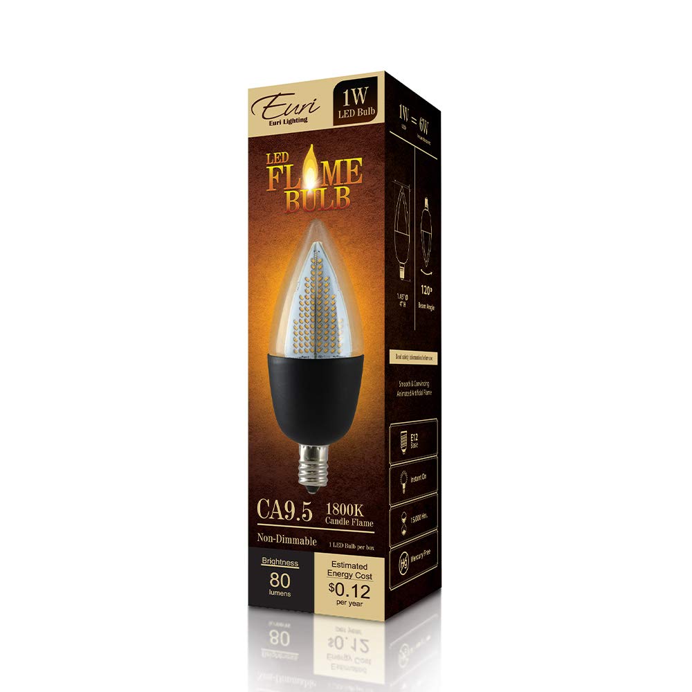 Euri Lighting Flickering Flame Bulb, Eca9.5-2120Fcb, Decorative Ca9.5 Candelabra E12 Base, Warm White 1800K, Non-Dim, 1W (6W Equ