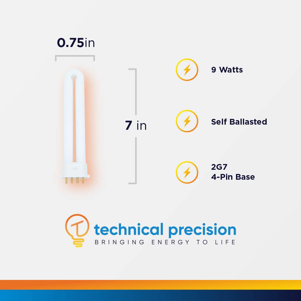 Technical Precision 9W U-Shaped 4 Pin CFL Replacement Bulb, 6500K, 8000 Hours, 2G7 Base, White, Model 96500, 1