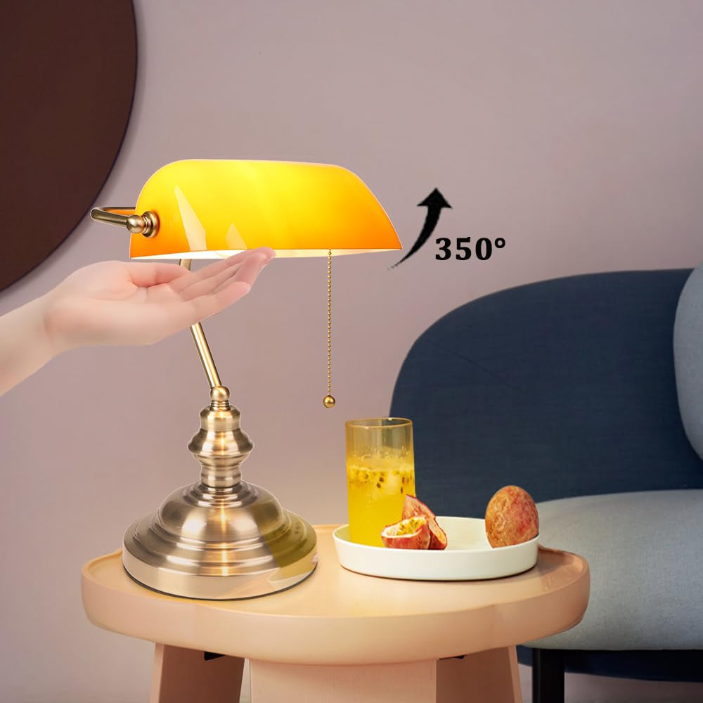 FIRVRE Bankers Desk Lamp - Amber Glass Shade, Bronze Base, Vintage Style, Model Y01 for Home Office & Study Room