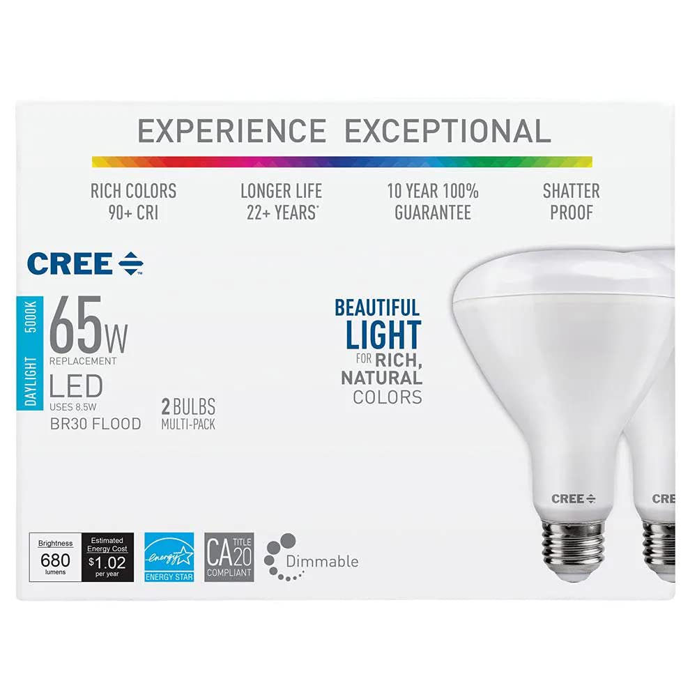Cree Lighting BR30 Dimmable LED Bulb, 5000K Daylight, 65W, 800 Lumens, 2 Pack