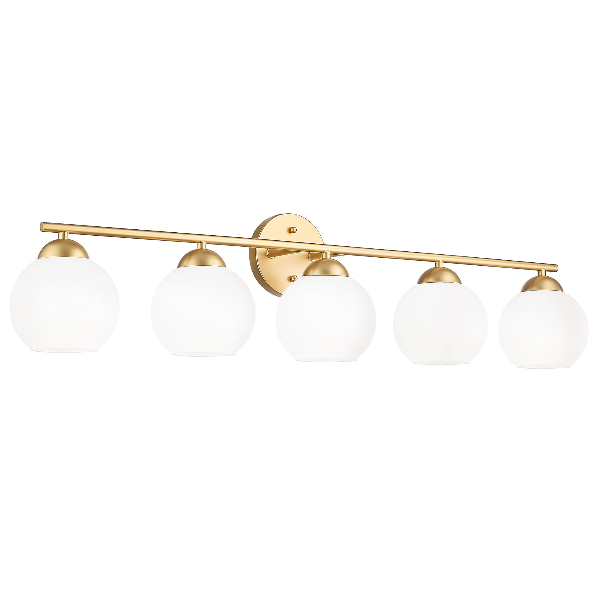 Emak 37 Inch Globe Bathroom Lighting Fixtures Over Mirror  Gold Vanity Lights With Milk Glass Shade  Modern 5-Light Bathroom Vanity Light For Mirror  Vl114-Gd-Ml-5
