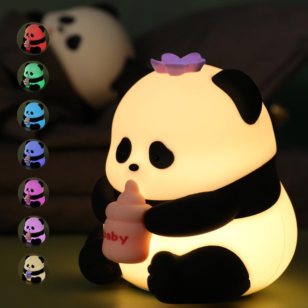 Myratts Led Cute Panda Night Light with 7 Colors, Dimmable Timer Nursery Lamps, Rechargeable Touch Control Night Lamp for Kids A
