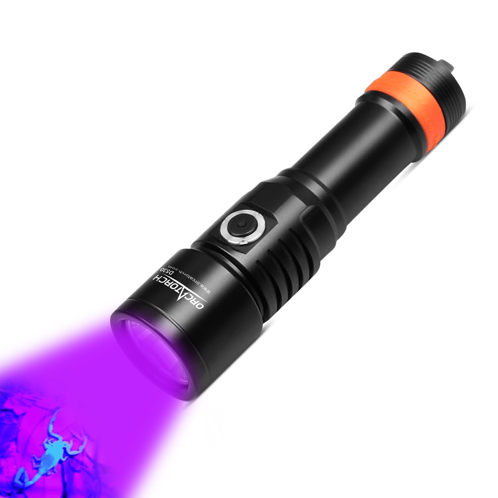 ORCATORCH D530 Scuba Dive Light, 395NM LED UV Light Blacklight, 8 Degrees Narrow Beam Angle, Titanium Alloy Side Button Switch, 