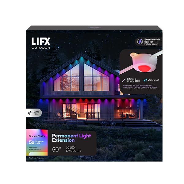 LIFX 50ft Permanent Outdoor Light Extension  Smart RGBW LED Band  Wi-Fi Enabled  Supercolor  Compatible with Alexa  Google  Requires 50ft Base Kit  for Holiday & Everyday Use  LFXSL50-30/LED/50EXT