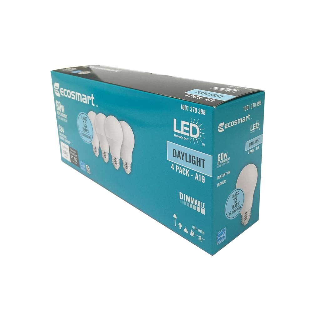 EcoSmart (4 Pack) A19 LED 60W Replacement Bulbs, Daylight White 5000K, 840 Lumens, Dimmable, Energy Star Rated, Medium Base E26