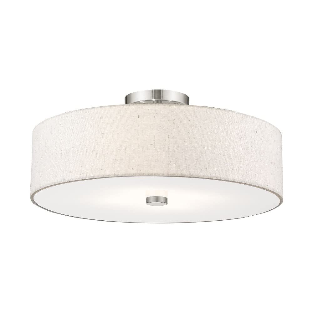 Livex Lighting 52136-91 Meridian Collection 4-Light Semi Flush Mount Ceiling Fixture With Oatmeal Color Fabric Hardback Drum Sha