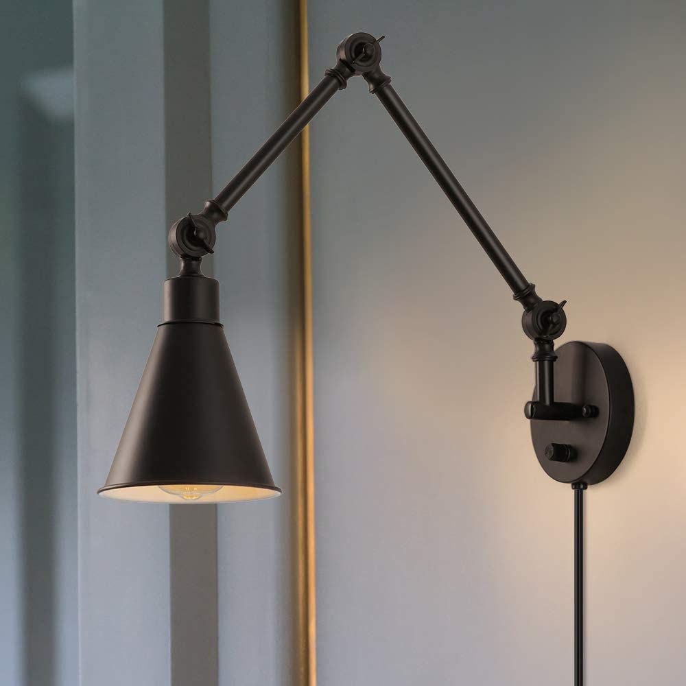 Caduke Swing Arm Wall Lamp For Bedroom, Set Of 2 Plug In Wall Light Fixture With Dimmable Switch, Industrial Metal Black Wall Re