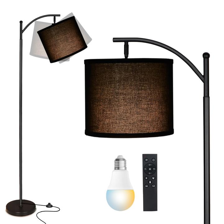 Mukuxin 12W Led Arc Floor Lamp With Remote, Dimmable Linen Shade, Black - Modern Living Room Light