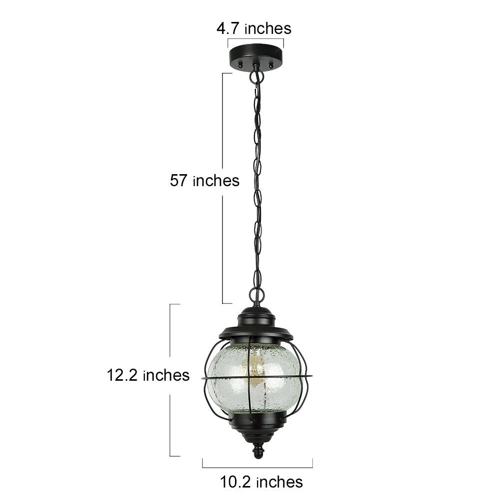 LALUZ Outdoor Pendant Light, 1-Light Black Metal Fixture with Clear Bubbled Glass Globe, Farmhouse Design for Porch, Gazebo, Patio