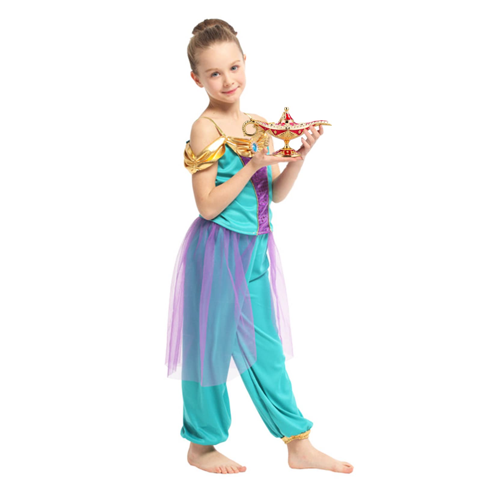 Lauyoo Vintage Aladdin Magic Genie Lamp Costume Accessory Gift For Women Classic Arabian Props Aladdin Pot Decor (Red Gold)