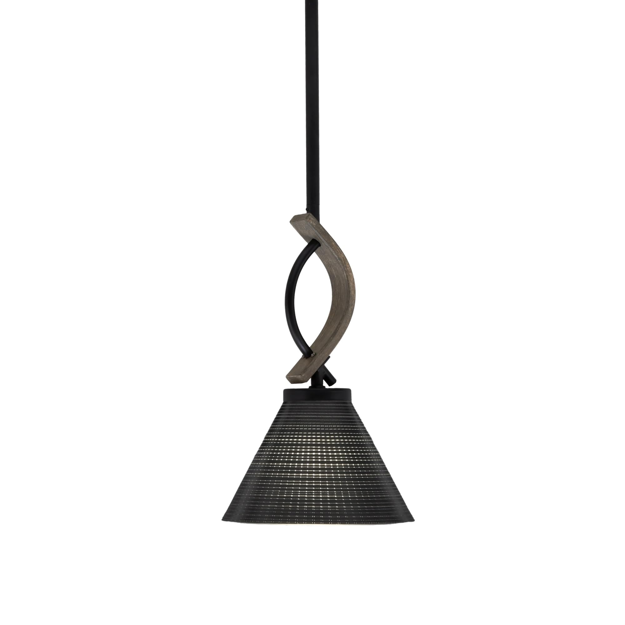 Toltec Lighting Monterey Stem Hung Mini Pendant - Matte Black & Distressed Wood-Look Metal, 7in Black Matrix Glass