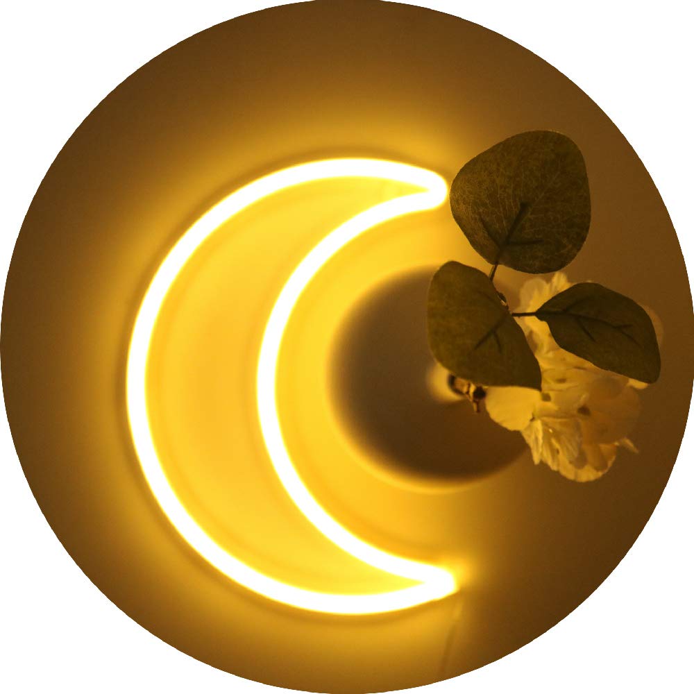 YAOZHOU LED Neon Moon Light - Warm White, Battery/USB Powered Decorative Night Light for Home, Bedroom, Office, Party