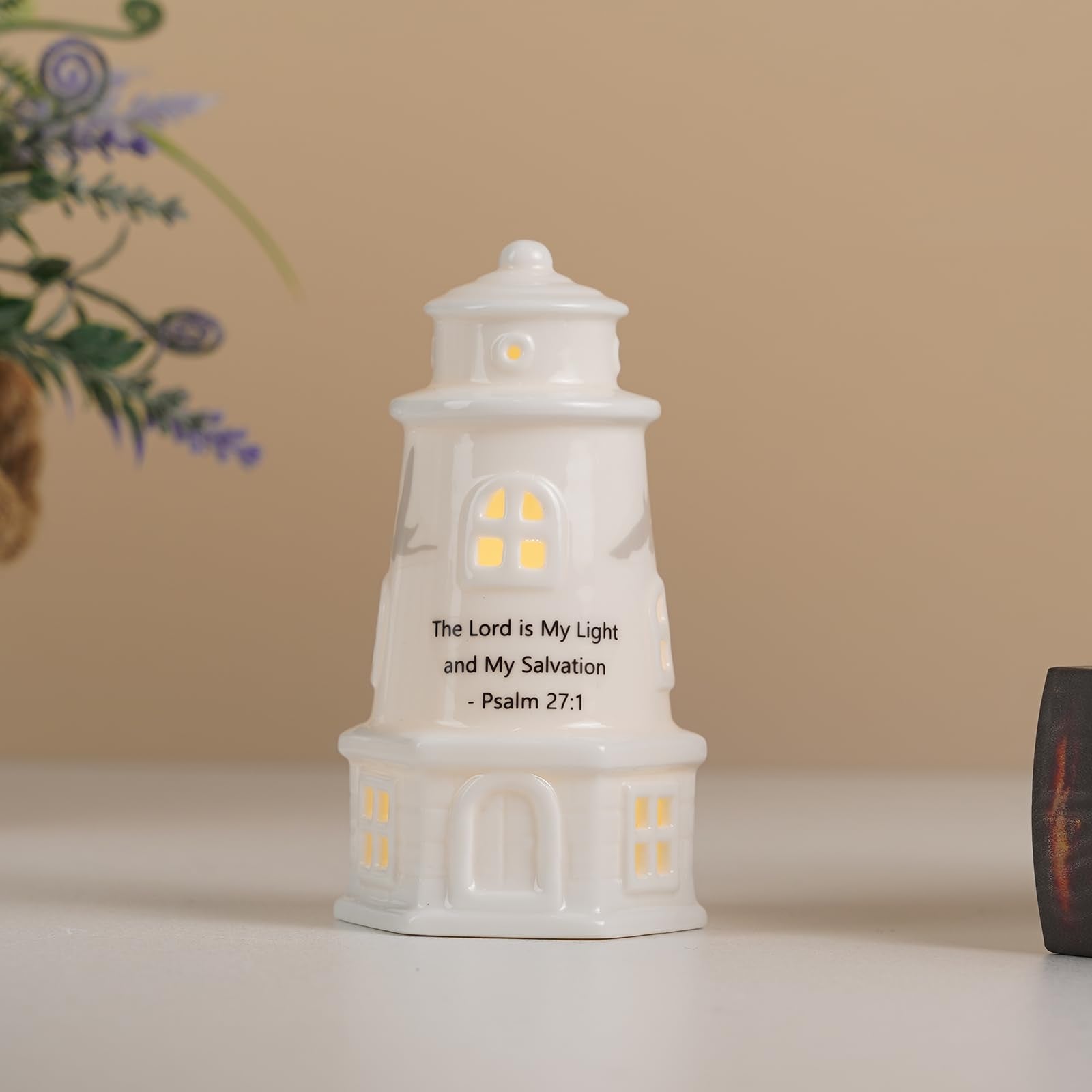 ROSYCOUD White Ceramic Lighthouse with Bible Verses - Psalm 27:1 Christian Light House Decor Statue Lamp  Faith Based Baptism Encouragement Spiritual Religious Gifts for Women