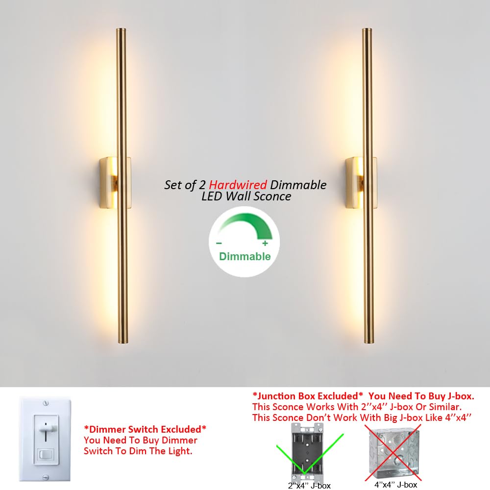Reddragon Lighting Set Of 2 Hardwired 32 Inch Long Bronze Gold Wall Sconce Indoor Waterproof Linear Mirror Vanity Wall Light For Bathroom Bedroom Living Room (2 Pack, 32'', Gold, Dimmable)
