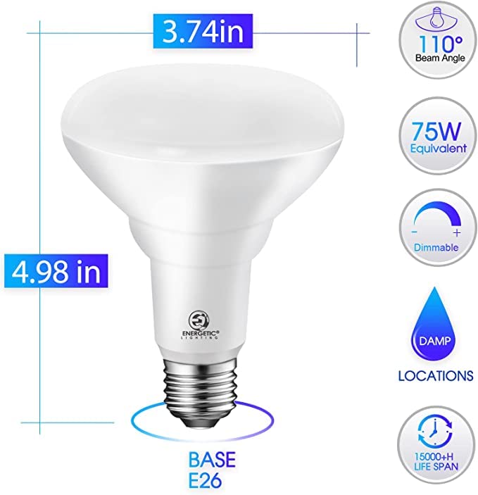 E Energetic Lighting 6 Pack 75W Br30 Led Bulbs, Dimmable, 900 Lumens,