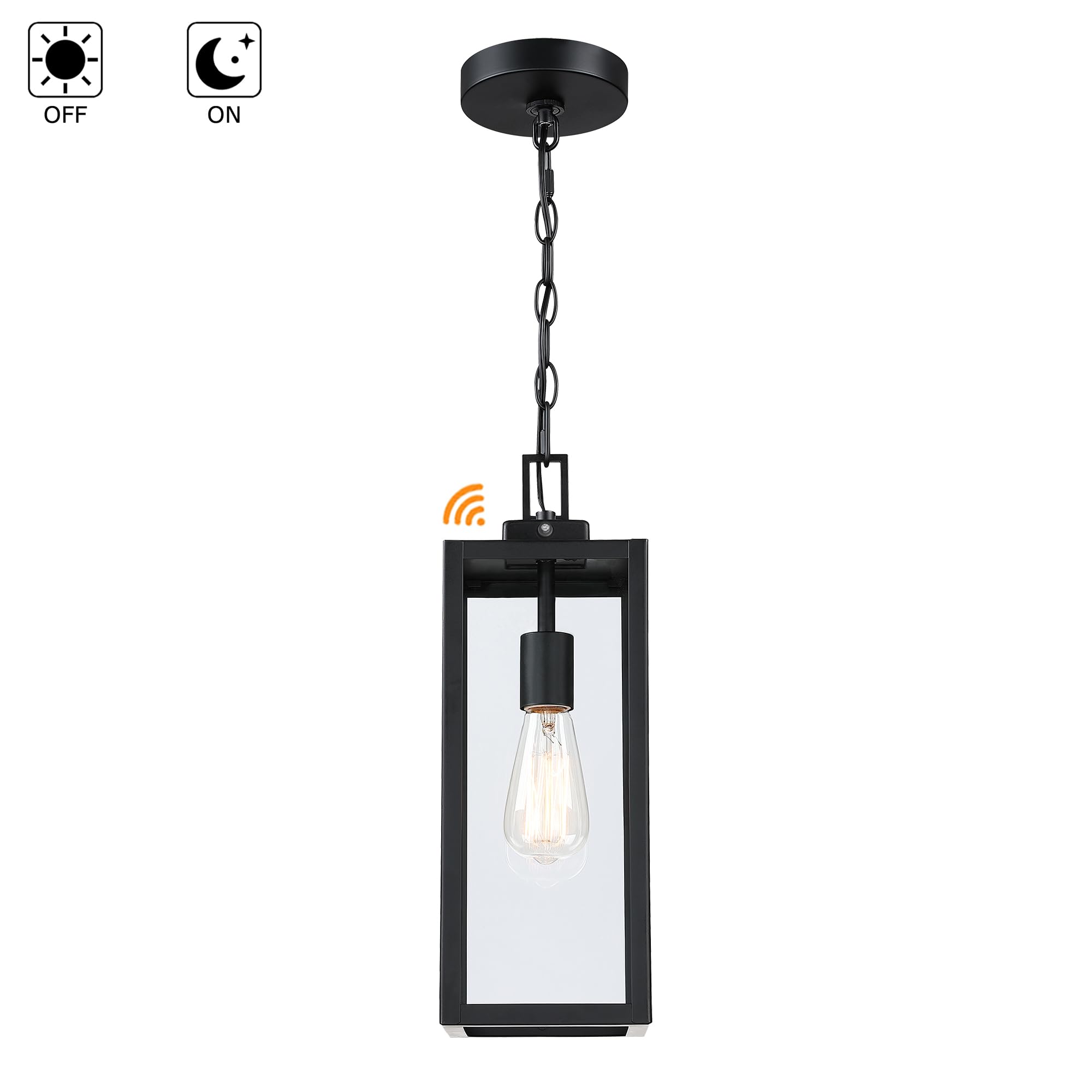 Faymart 17 Inch Outdoor Pendant Light with Sensor - Dusk to Dawn Metal & Glass Lantern for Porch & Patio