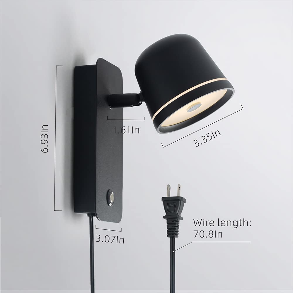 Aisilan Black Wall Sconce, 5W Dimmable Wall Sconces, Adjustable Angle Indoor Wall Lights With Plug In Cord, Led Wall Mounted Bed