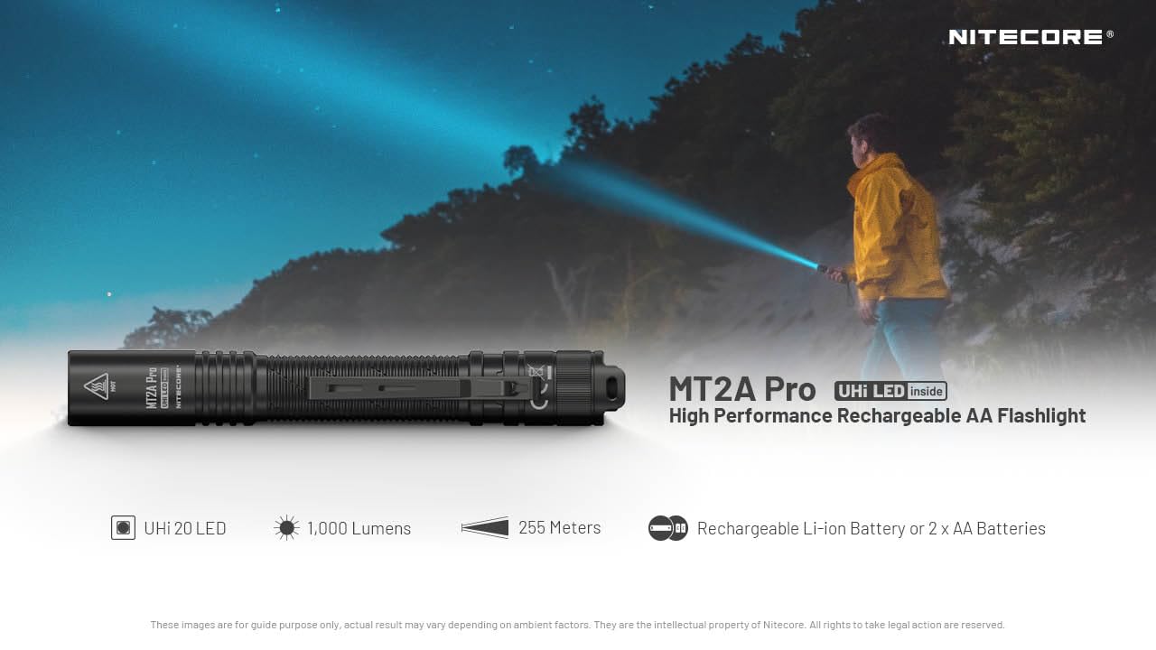 Nitecore Mt2A Pro Edc Flashlight, 1000 Lumen, Usb-C Rechargeable, 2X Aa Battery Compatible Slim Penlight, Including Nitecores St