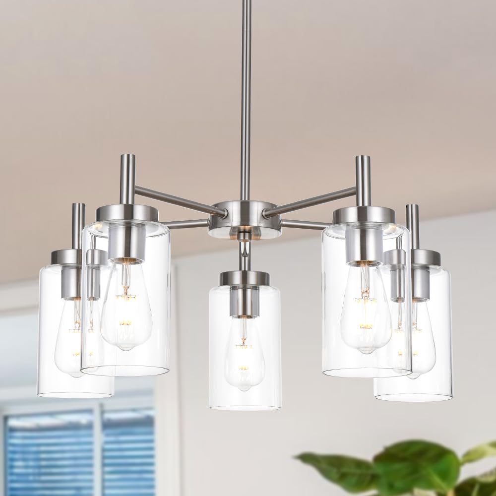 VINLUZ 5 Light Pendant Chandelier Modern Clear Glass Shades Brushed Nickel Semi Flush Ceiling Light Model 1810-5-13
