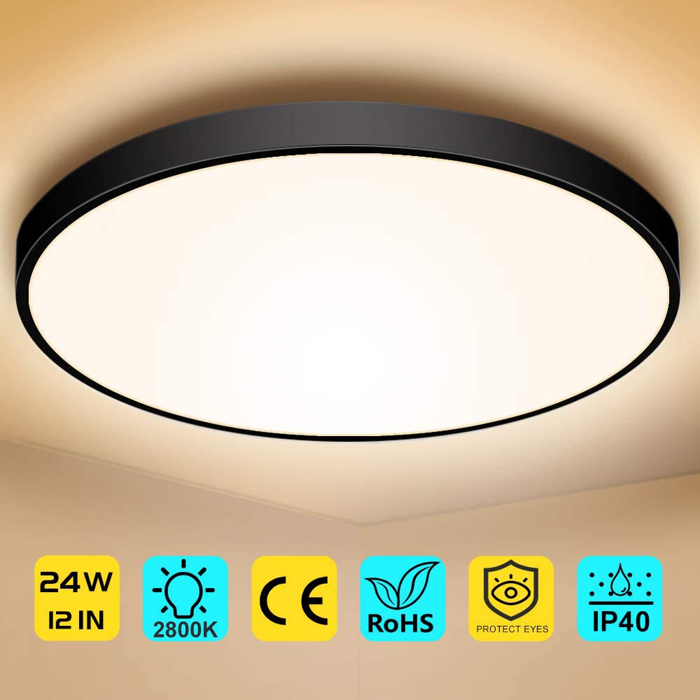 Led Flush Mount Ceiling Light Fixture, 12 Inch 24W (240W Equivalent) 2800K Warm White, 3200Lm, Flat Modern Round Lighting Fixtur