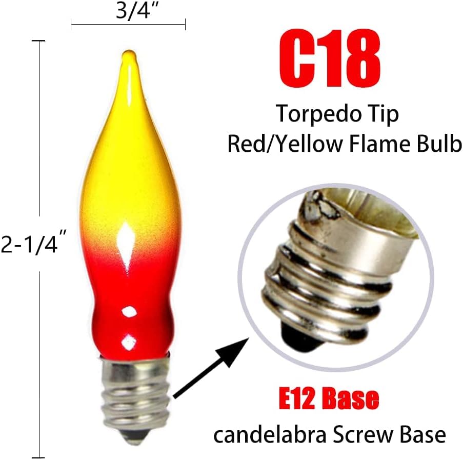 GOOTHY 12 Pack Christmas Flame Bulbs, Red/Yellow Ceramic C7/E12 Night Light, 7 Watt for Candle Lamps & Chandelier
