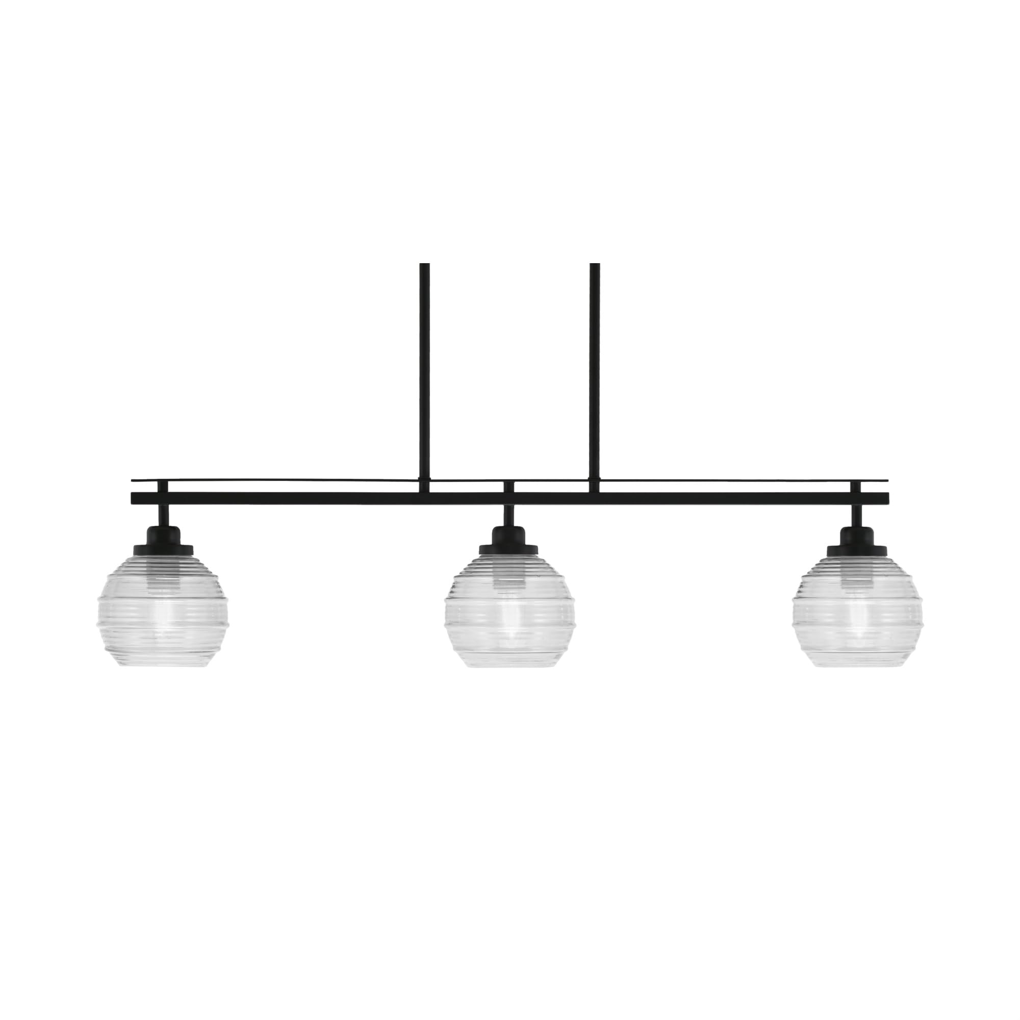 Toltec Lighting Odyssey 3 Light Island Light, Matte Black Finish, Clear Ribbed Glass