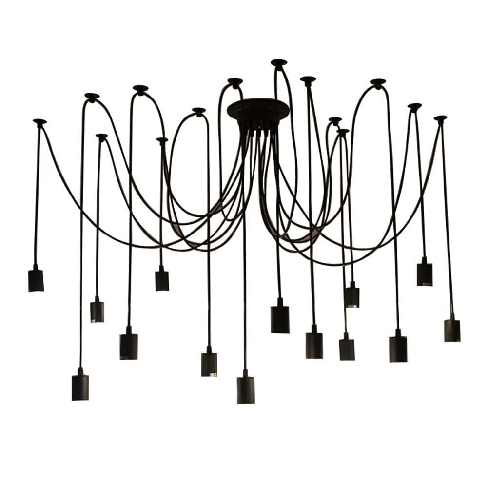 Fuloon Vintage Edison Spider Lamp Pendant Chandelier, 14 Heads, Metal, Black, DW68, Remote Control, 200cm Cable