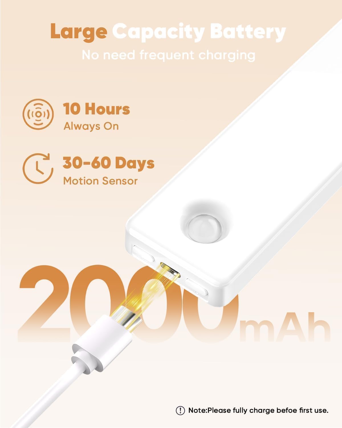Auxoda Under Cabinet Lighting - Motion Sensor LED Lights, USB Rechargeable, 2-Pack 8 inch, 3 Color Temperatures, Wireless, Dimmable