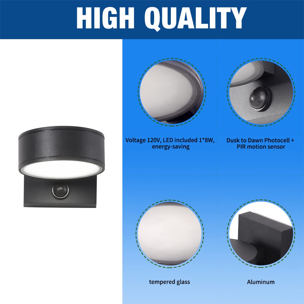 Double Century Motion Sensor Outdoor Wall Sconce, 8W Led Waterproof Light, 3000K/4000K/5000K