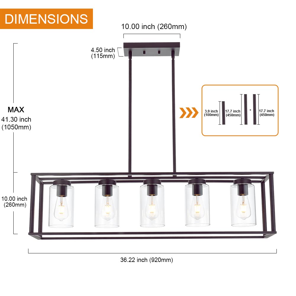 VINLUZ 5-Light Kitchen Island Chandelier, Oil Rubbed Bronze, Modern Metal Linear Pendant Lighting with Clear Glass Shades, Model 1811-5-OB