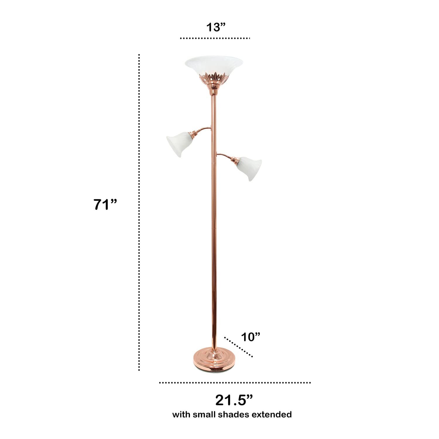 LALIA HOME Torchiere Floor Lamp, Rose Gold with 2 Reading Lights & Scalloped Glass Shades, Model LHF-3002-RG