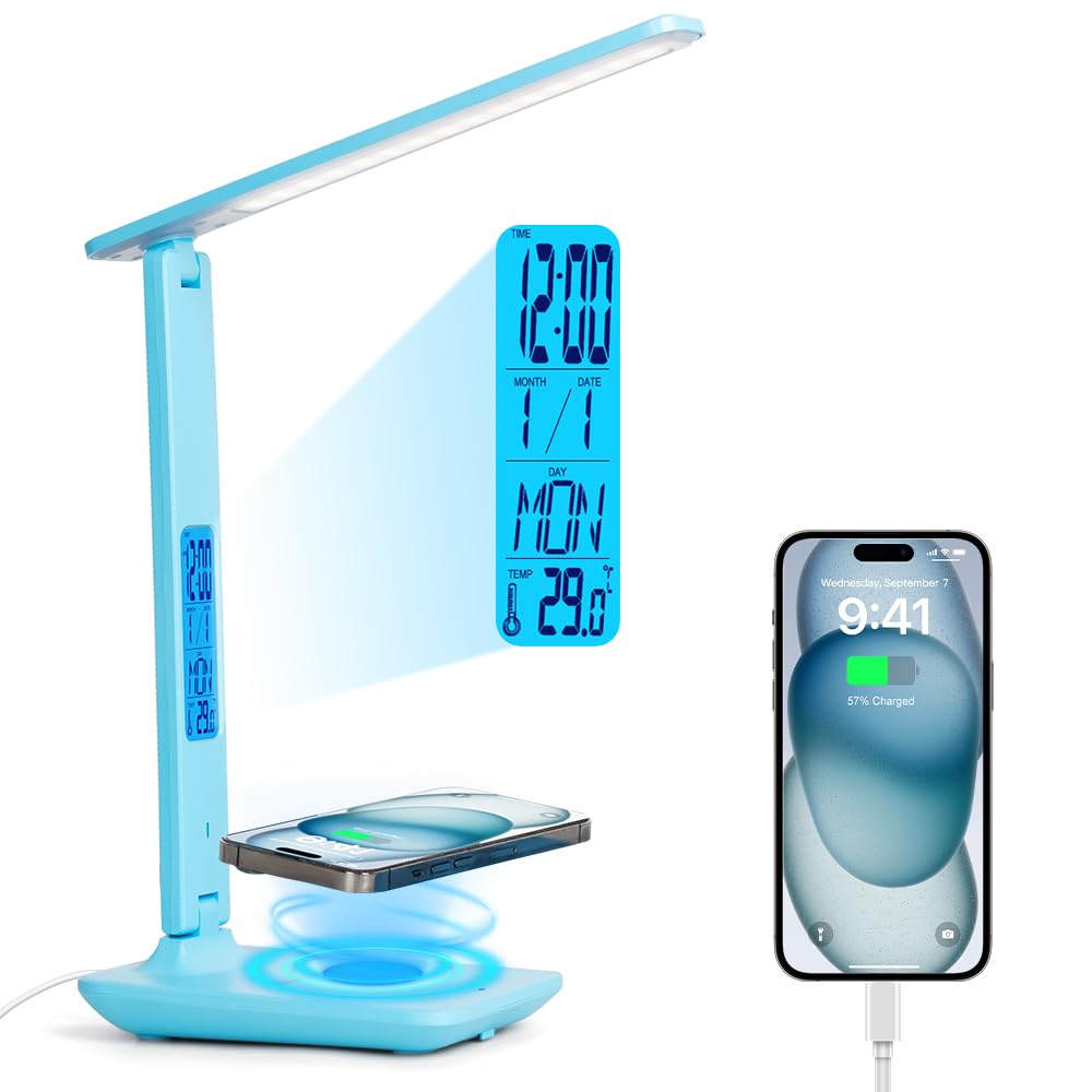 wanjiaone LED Desk Lamp with Wireless Charger, USB Port, Clock, Phone Holder, Blue, Model TX26C0