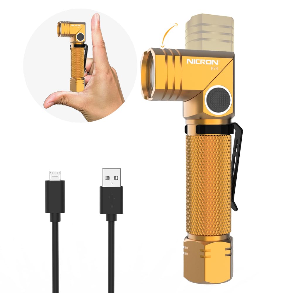 NICRON Flashlight 700 Lumens 90 Degree Rechargeable IP65 Waterproof LED Small Type Gold Model B74-gold