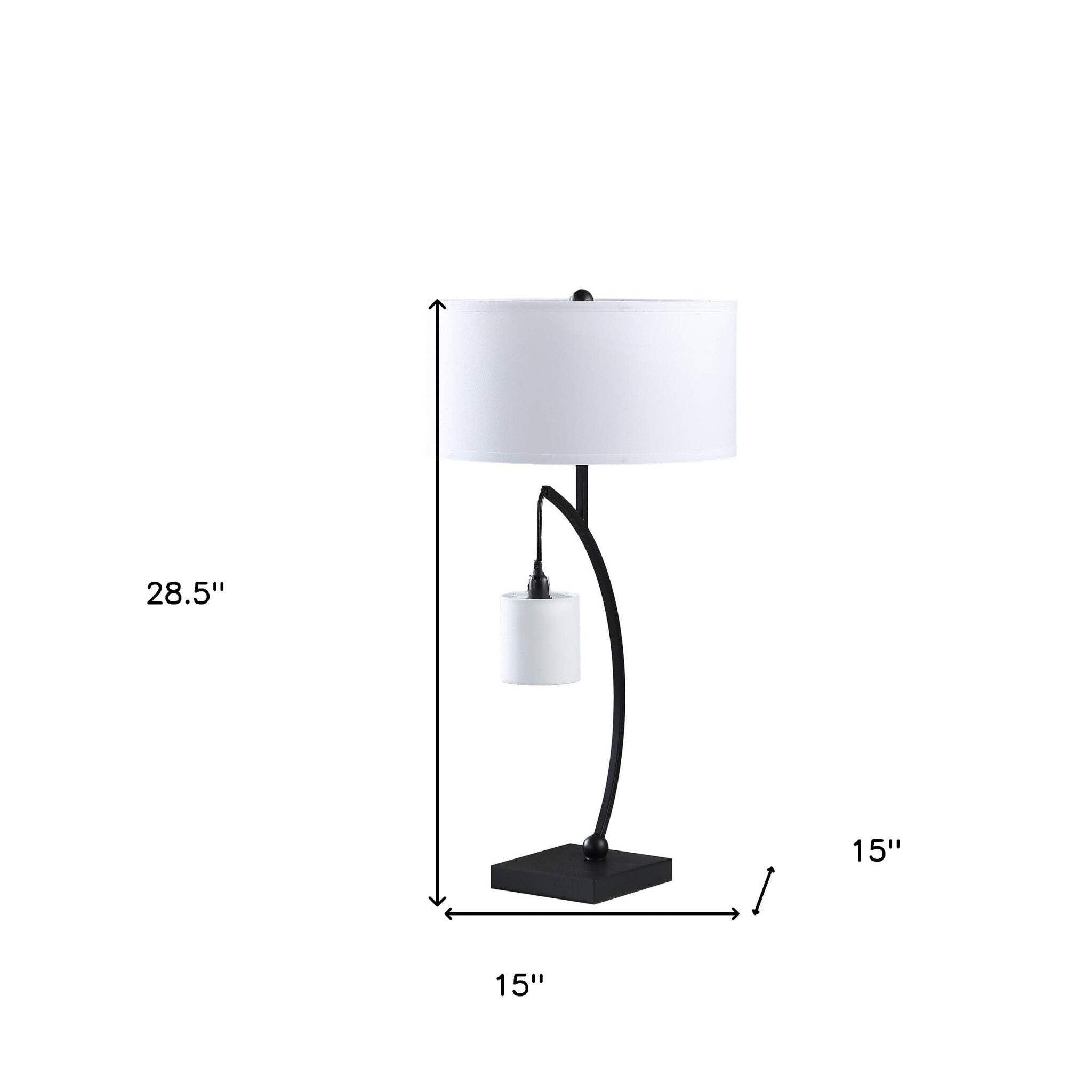Homeroots Black Metal Two Light Arched Table Lamp With White Drum Shade, Model 524264, 28.5 X 15 X 15 In.
