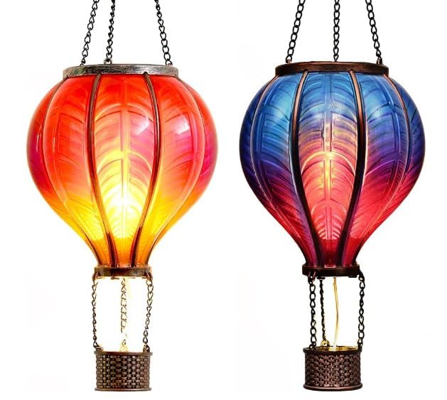 Teresa'S Collections 2 Pack Hanging Solar Lantern Outdoor Garden Decor ,Waterproof Plastic Hot Air Balloon Red Flickering Flame Effect Lantern For Yard Tree,Gift For Mom Lovers,18&quot;