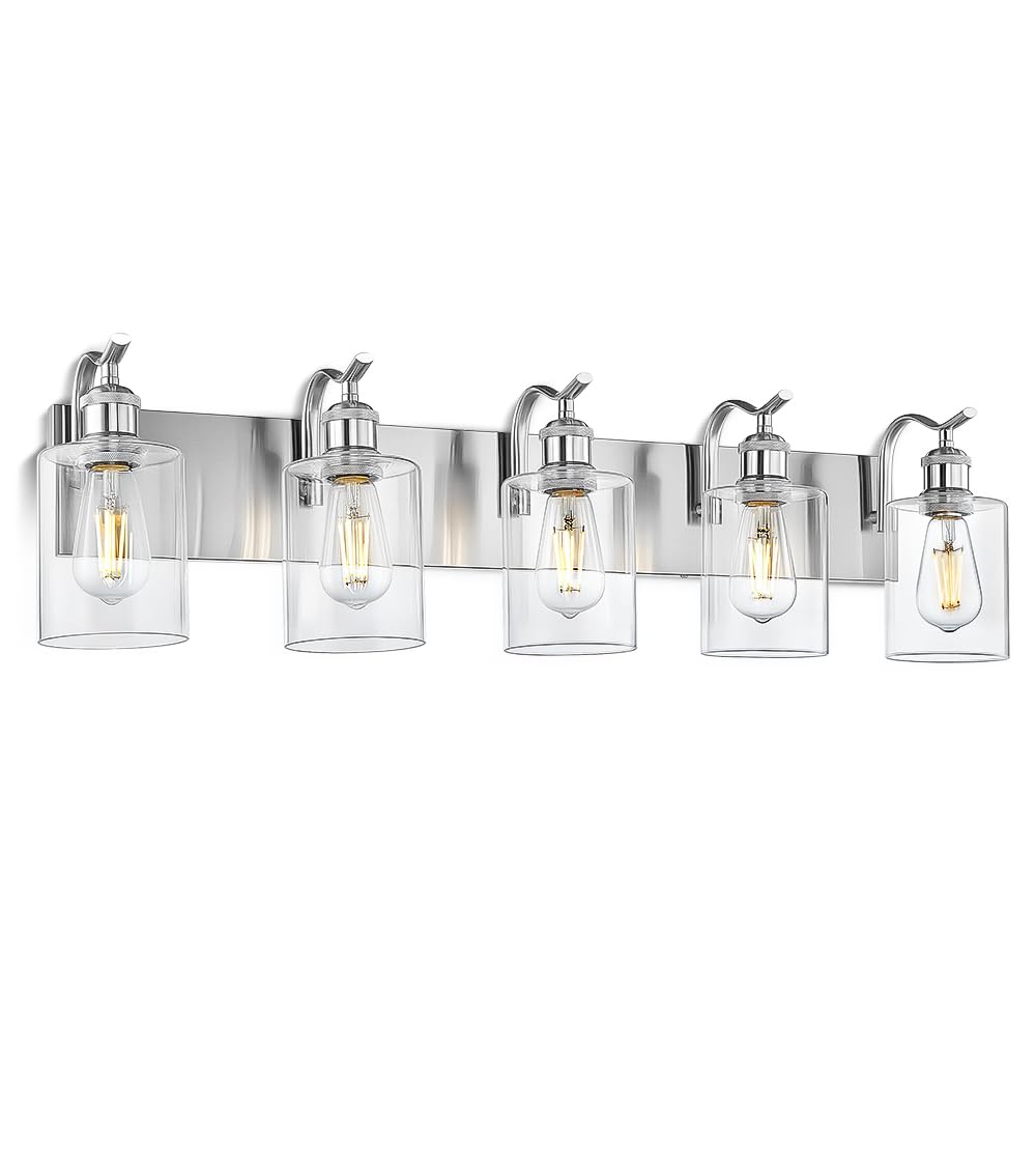 Jazava 5 Light Bathroom Vanity Light  Brushed Nickel Vanity Lights For Morden Bathroom Lighting Fixtures Over Mirror Wall Light Fixtures With Clear Glass Shade Zcvl01Bn-5