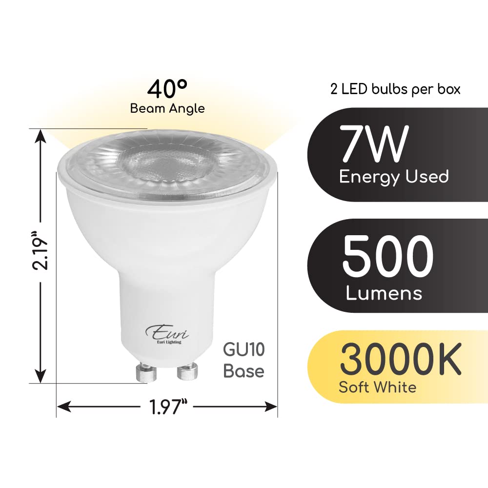 Euri Lighting Ep16-7W5000Eg-2 Dimmable Led Par16 Gu10 Base, 7W (50W Equal), Soft White (3000K), 500Lm, 80Cri, 40 Beam Angle, Dam